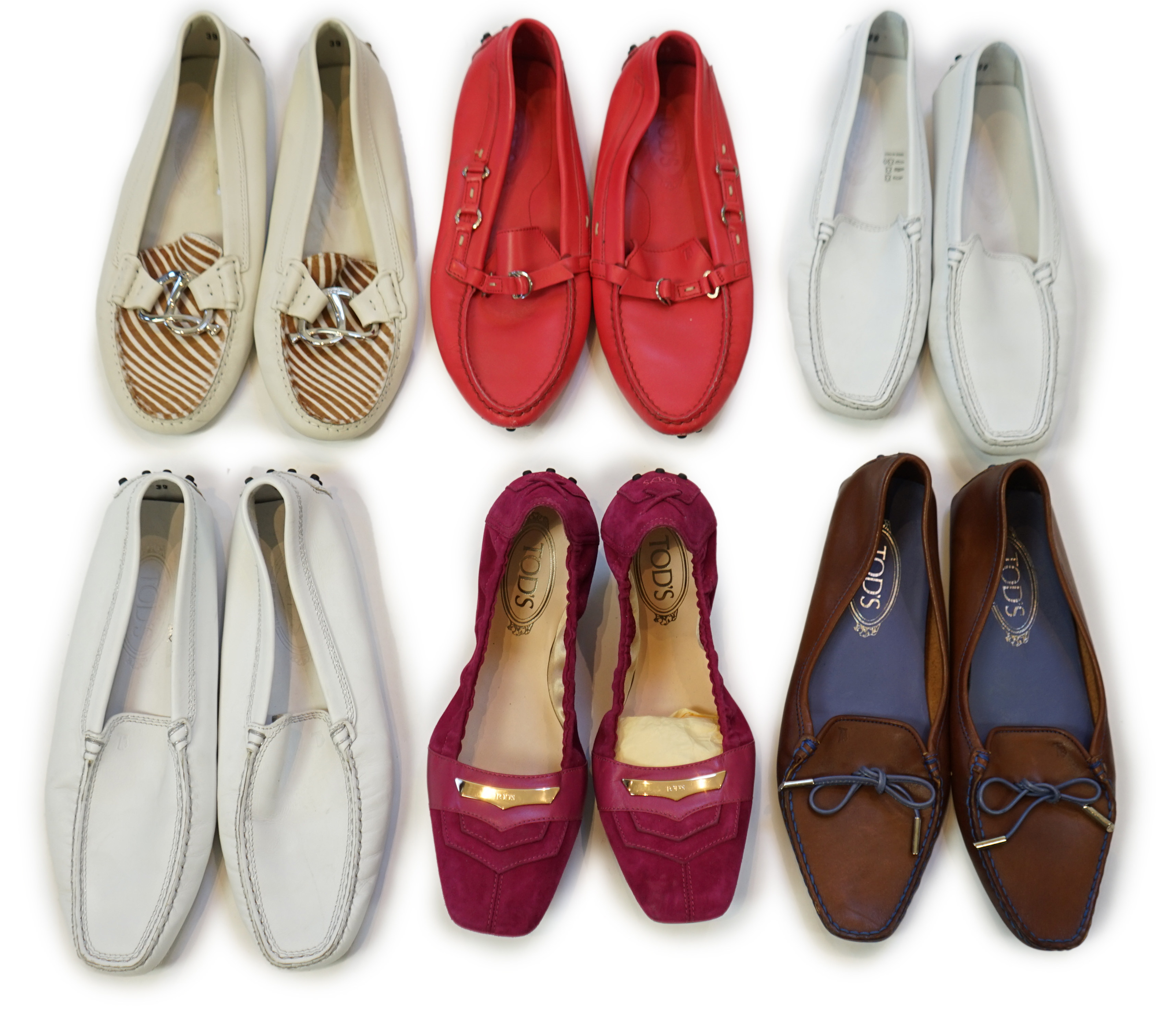 Six pairs of lady's Tod's loafers in a variety of styles and colours, size EU 39